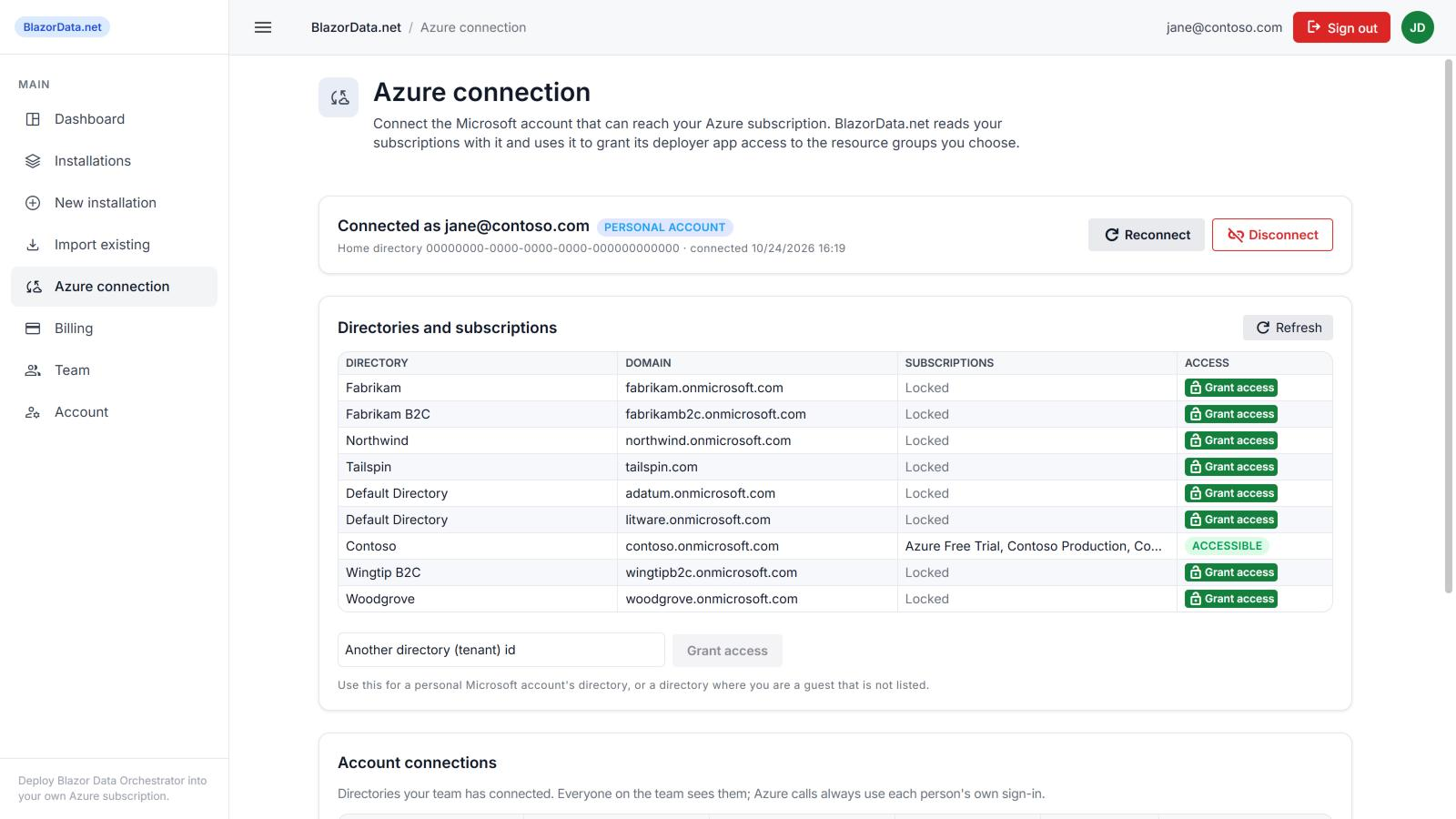 The Azure connection page with the connected account and the directories and subscriptions it can reach