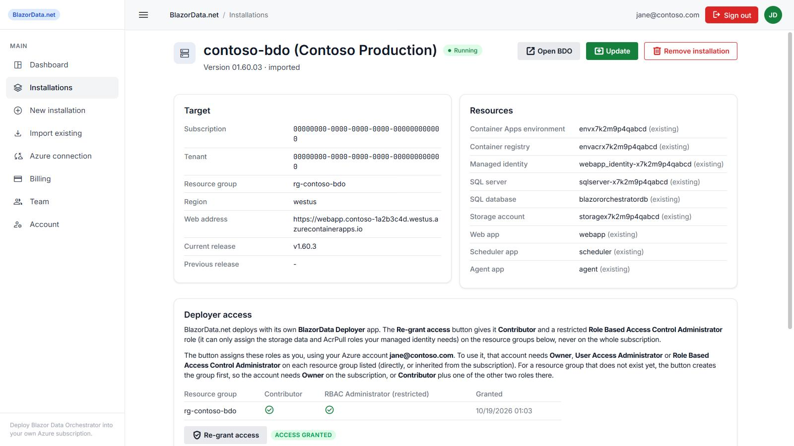 The installation page with its target, resources and deployer access