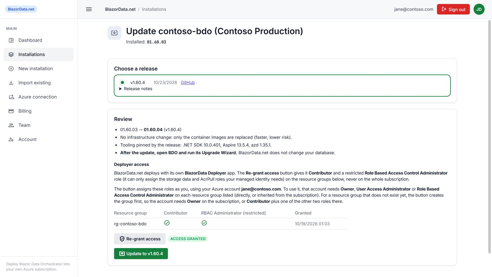 The update page with the newer release selected and the review