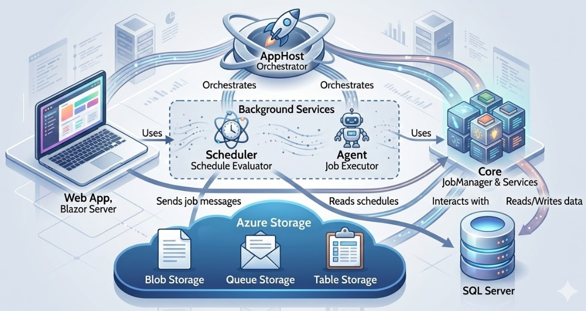 Blazor Data Orchestrator architecture: the web app, scheduler and agents running on Azure with Azure SQL and Azure Storage
